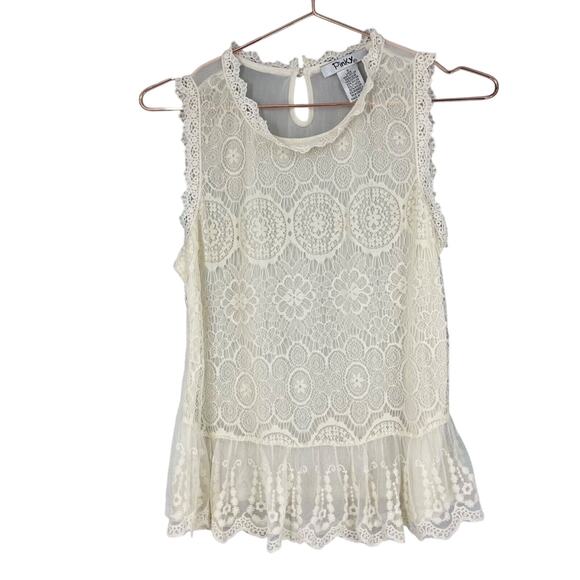 Pinky Top Small Ivory Sheer Mesh Lace Overlay Lined Peplum Hem Sleeveless Dainty - Picture 1 of 9
